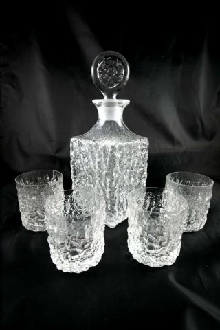 Rare Vintage Whitefriars Bark 1960s Crystal Decanter And 4 Whisky Glass Set