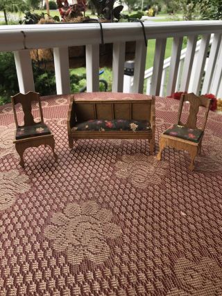 Vintage Miniature Dollhouse Wood Upholstered 3 Pc Furniture Set Sofa,  2 Chairs