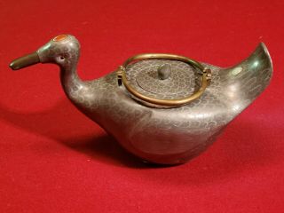 Rare Vtg Art Deco Chinese Pewter Duck Teapot Jade,  Amethyst & Carnelian Stones