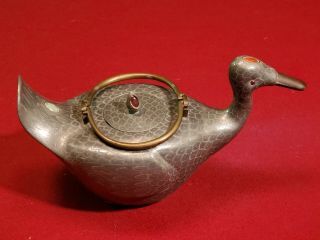 Rare Vtg Art Deco Chinese Pewter Duck Teapot Jade,  Amethyst & Carnelian Stones 2