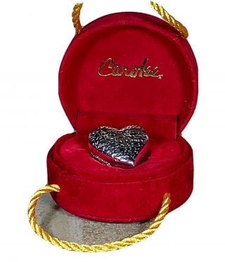 Vintage Sterling Silver Carolee Heart Shaped Trinket Pillbox & Velvet Gift Box