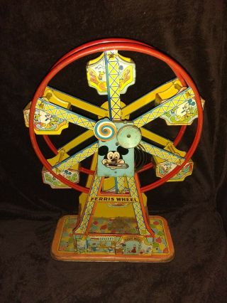 Rare 1950s J Chein & Co Mickey Mouse Disney Ferris Wheel Wind Up Tin Lithograph