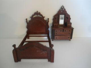 Vintage Victorian Dollhouse Bedroom Furniture By Burns.  Bed And Mirrored Dresser