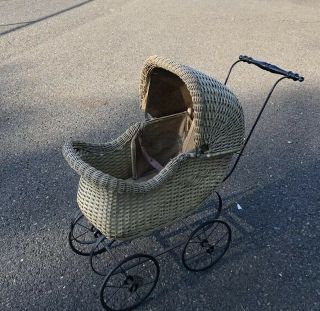 Rare Antique Fa Whitney Wicker Baby Carriage Doll Stroller Complete Euc