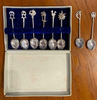 Vintage 8 India Demitasse Sterling Silver Spoons Elephants,  Bird,  Fish,  Lion Box