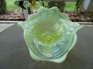 Antique Northwood Fluted Scrolls Klondyke Vaseline Opalescent Glass Footed Bowl