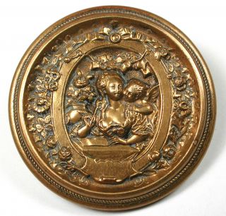Antique Brass Button Cupid Helps Woman Write A Love Letter - 1 & 1/2 "