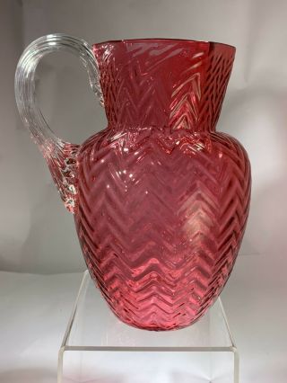 Rare Victorian Herringbone Cranberry Pink Glass Pitcher With Glass Rope Handle