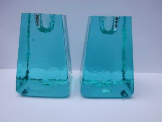 Rare Signed Fire And Light Recycled Glass Candle Holder Pair - - Aqua