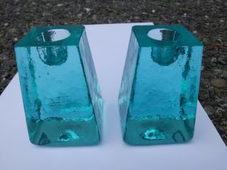 Rare Signed Fire And Light Recycled Glass Candle Holder Pair - - Aqua 2