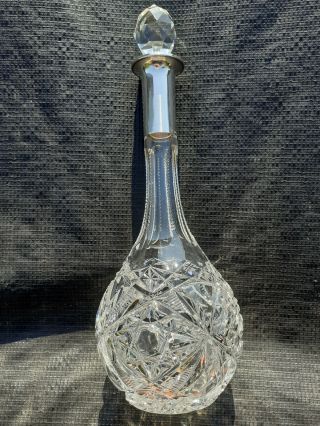 Antique Rare Brilliant Cut Glass Crystal Decanter Franz Mosgau,  Silver Collar