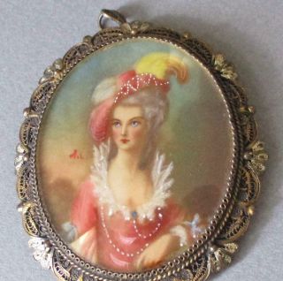 Antique 800 Silver Filigree Brooch Hand Painted Miniature Portrait Painting Lady