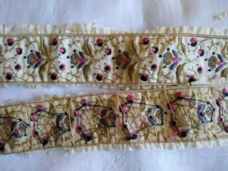 Antique/vintage Embroidered Silk Dress Trim Ribbon Metallic Accents 42 " X1 3/4 "