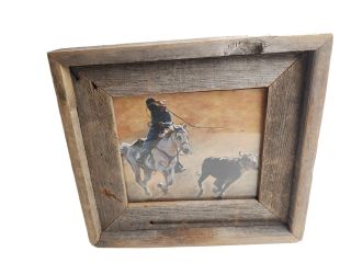 Vintage 11 X 12 Wood Framed Picture Cowboy Roping Calf Cow Rustic Country Decor