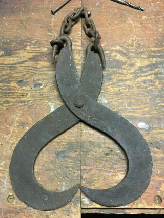 Antique Cast Iron Grab Hook Log Skid Tongs Hook Gripper Blacksmith Made 19thc