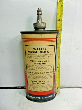 1920 - 50 ' s - (4oz. ) RARE VINTAGE WALLER HOUSEHOLD OIL TIN CAN HANDY OILER LEAD TOP 3