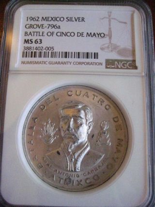 Mexico 1962 Very Rare Silver Medal " Battle Of Cinco De Mayo " Grove - 796a Ngc Ms 63
