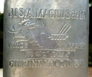 Antique Jos.  Magnus Cinci 1/2 Pint Pre Pro 1890s Whiskey Flask Emb Dragon & Arrow