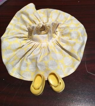 Vintage Muffie Or Ginny Sized Yellow Cotton Dress With Shoes 1950 