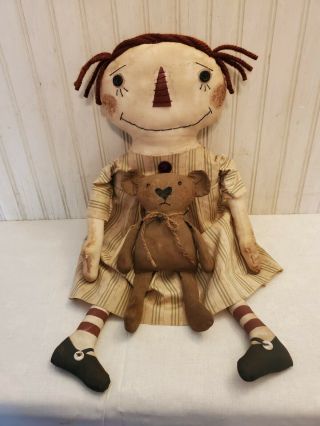 Primitive Grungy Raggedy Ann Doll & Her Little Teddy Bear