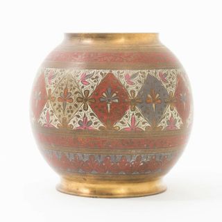 Vintage Indian Hand Carved Design W Color Brass Lota Water Pot 5.  5 " T X 5.  25 " D