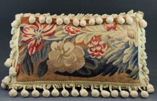 Semi Antique Wool Needlepoint Decorative Throw Pillow W/ Acorn Tassels Floral