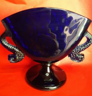 Vtg/ Antique Fenton Cobalt Blue Fan Vase W/ Fish Handles