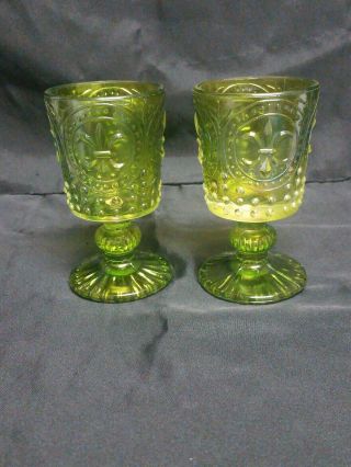 Vintage Rare Green Carnival Glass Goblets Fleur De Lis Pattern Set Of 2