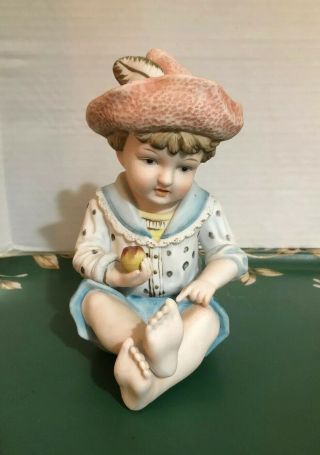 Vintage Bisque Piano Baby Figurine Boy With Apple 6” French Victorian