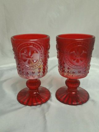 Vintage Rare Red Carnival Glass Goblets Fleur De Lis Pattern