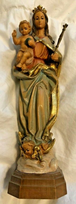 Glorious Rare Vintage Hand Carved Wood Virgin Mary Queen Of Heaven Statue