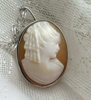 Antique Victorian 800 Silver Cameo Pendant On Vintage Sterling Danecraft Chain