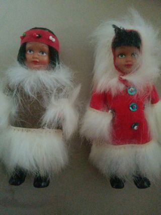 2 Vintage Souvenir Native American / Eskimo Dolls With Real Fur