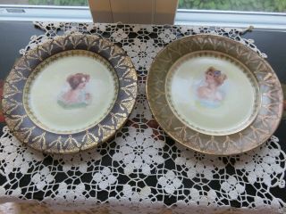 Two German Antique Porcelain Cabinet Plates Handpainted Portraits Of Women