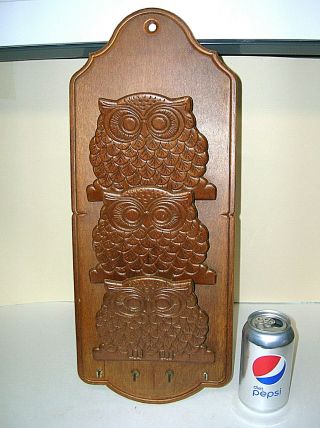 Vintage Owl Carved Wood Wall Hanging Mail Sorter Letter Key Holder 3 Tier 19.  5 "