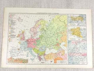 1898 Antique Map Of Europe Ethnographic Chart 19th Century Victorian