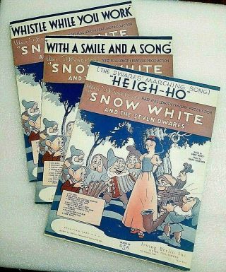 Walt Disney Snow White 1937 Vintage (3) Sheet Music Heigh - Ho Whistle.  & One More