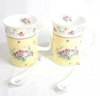 Dora Papis Easy Life Coffee Mug & Spoon Floral Print Fine Bone China Set Of 2