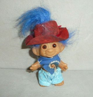 1960s Vintage 3 " Uneeda Wishnik Troll Doll W Blue Hair In Cowboy Outfit