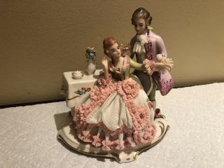 Frankenthal F W Wessel Lace Porcelain Antique Tea Party Couple Figurine