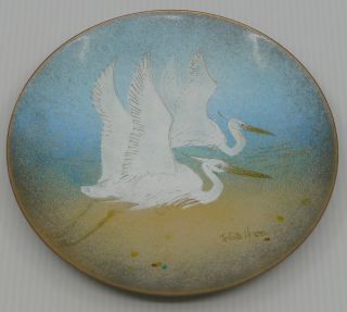 Mcm Hand Painted Enamel On Copper Plate W White Herons,  Signed M.  Ratcuff