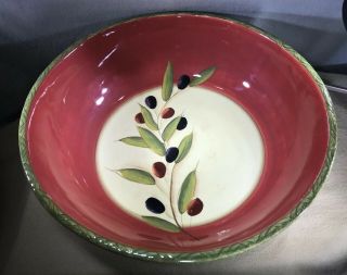 Clay Art Antique Olive Large Pasta Serving Bowl 13 " Round Olives Red Green Edge