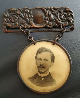 Antique Victorian Mourning Photo Button Pin Hanging Badge Handsome Man 1894