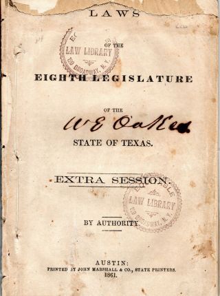 Rare 1861 Laws Of Texas Confederate Imprint