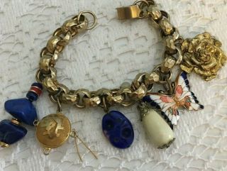 Vintage Antique Charm Bracelet Gold Tone Brass Cloisonné Butterfly Rose Charms