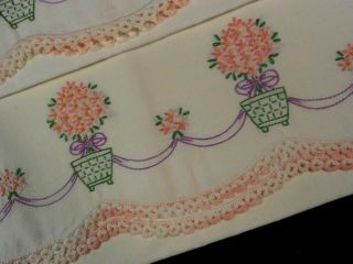 Fancy Pair Vintage White Cot Pillow Cases Hand Embroidered W/crocheted Lace Trim