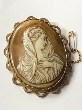 Huge Antique Victorian Carved Cameo Brooch Pin Religious Catholic & Safety Chain