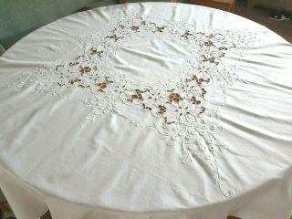 Vintage White Round Tablecloth - Lace Hand Embroidered - 100 Cotton 72 " /170 Cm