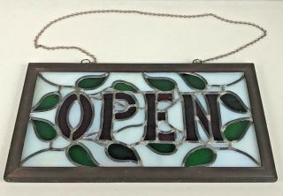 Vintage Hand Made Stained Leaded Glass Open Store Sign Shop Business Door Rare