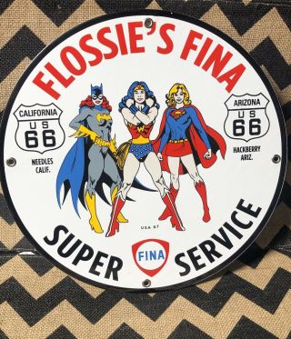 Rare Vintage Fina Porcelain Sign Wonder Woman Pinup Dc Comic Gas Oil 1967